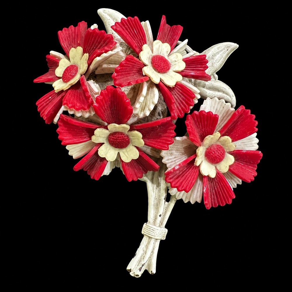 Vtg Flower Bouquet Brooch Red Cream Plastic Floral Mid Century Pin 2.75in